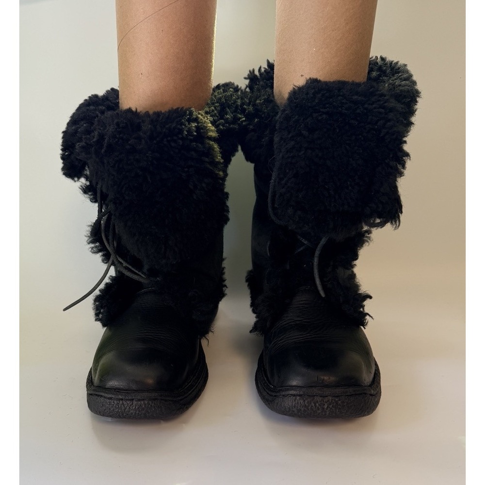 Born Women Boots Leather Suede Shearling Black Lace Up Sheepskin Furry Sz 9 40